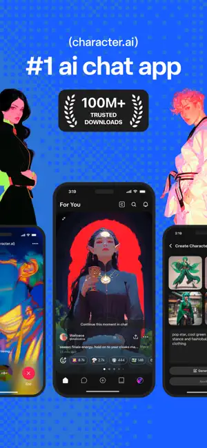 Promotional card headed #1 ai chat app with a 100M+ trusted downloads badge and a phone showing the For You feed, where an illustrated elf card offers Continue this moment in chat