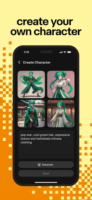 Create Character screen under the caption create your own character, with four generated images of a green-haired pop star, a text prompt box and Generate and Next buttons