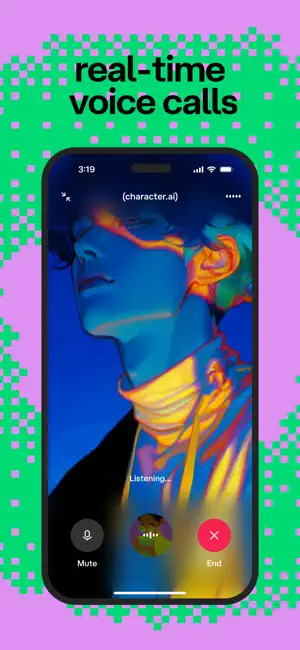 Voice call screen under the caption real-time voice calls, with an illustrated face lit in blue and yellow, the word Listening and Mute and End buttons