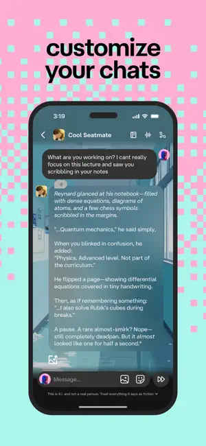 Chat titled Cool Seatmate under the caption customize your chats, showing a user message, a long italic roleplay reply and a footer reading This is A.I. and not a real person
