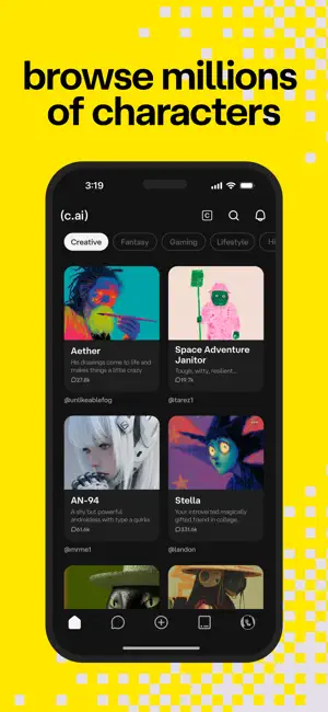 Discover screen under the caption browse millions of characters, with category chips Creative, Fantasy, Gaming and Lifestyle above cards such as Aether, Space Adventure Janitor, AN-94 and Stella