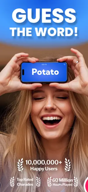 Woman holding a phone that shows the word Potato against her forehead, with a timer above the word