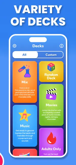 Decks screen with All and Custom tabs and tiles for Mix, Random Deck, Movies, Music and Adults Only