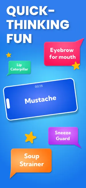 Phone card reading Mustache with a countdown timer, surrounded by joke clue bubbles such as Soup Strainer