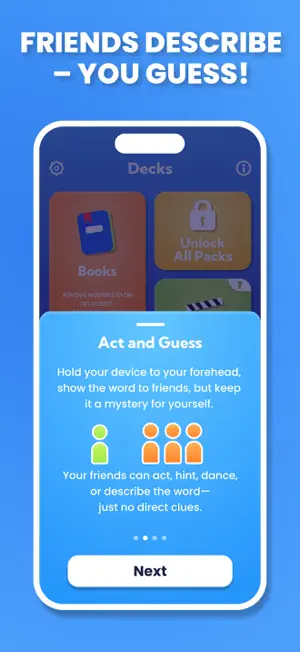 Act and Guess tutorial card explaining that friends can act, hint or dance but give no direct clues