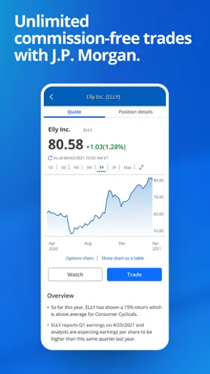 Stock quote screen with a price chart and a trade button from J.P. Morgan