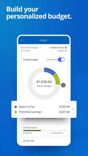 Budget screen showing $1,538 left for 23 days and potential savings