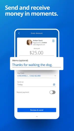 Zelle payment of $25 to a named contact with the memo field open