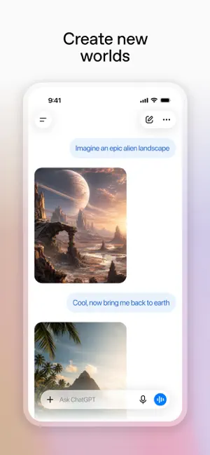 Create new worlds: a chat where ChatGPT generates images of a desert landscape and a coastal scene