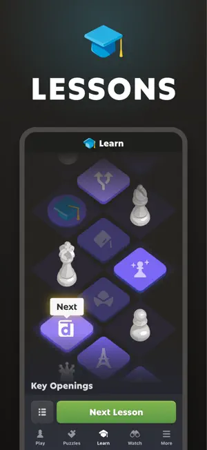 Lesson map of themed nodes with a next lesson button
