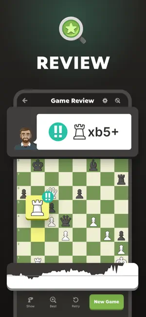 Game review marking a strong rook move on an evaluation graph