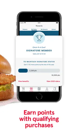 Rewards My Status screen for a Chick-fil-A One Signature Member valid until 12/31/24, with 2,268 of 10,000 points and 7,732 more needed to keep the tier