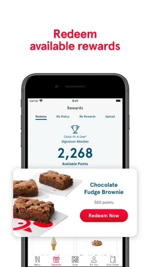 Rewards Redeem tab showing 2,268 available points and a Chocolate Fudge Brownie reward for 300 points with a Redeem Now button