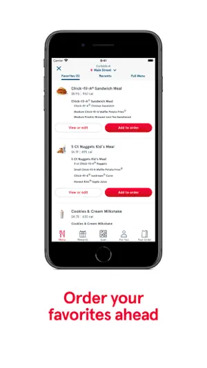 Favorites list for a curbside order at a Main Street restaurant: Chick-fil-A Sandwich Meal $8.95, 5 Ct Nuggets Kid's Meal $6.19 and Cookies & Cream Milkshake $4.75