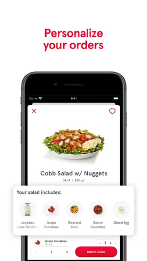 Cobb Salad with Nuggets item page at $9.49 and 830 calories listing Avocado Lime Ranch, grape tomatoes, roasted corn, bacon crumbles and sliced egg