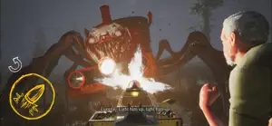 Charles, the spider-legged train, roaring at a settler in the dusk