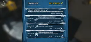 The Upgrades screen with 493 Scraps and train health at 100 per cent