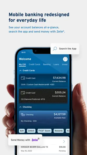 Home screen with credit card and checking balances above a Zelle shortcut