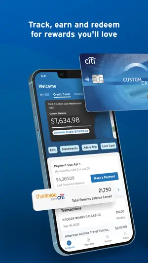 Card detail with a $7,634.98 balance, payment due and 21,750 ThankYou points
