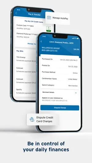 AutoPay and a transaction detail with a Dispute Charge button
