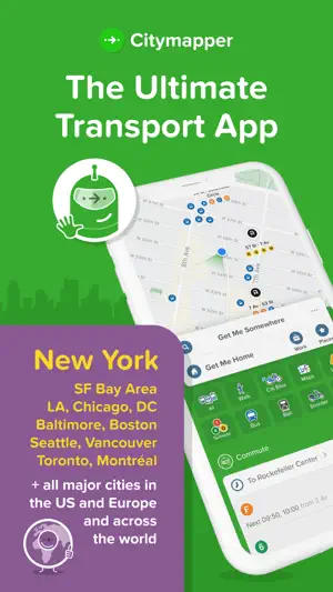 Citymapper promo screen titled The Ultimate Transport App listing New York, SF Bay Area, LA, Chicago, DC, Baltimore, Boston, Seattle, Vancouver, Toronto and Montréal beside a Midtown Manhattan map with Get Me Somewhere and Get Me Home