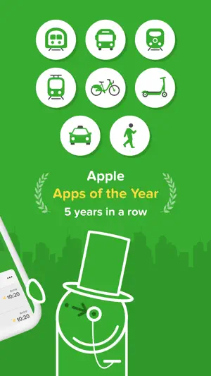 Eight round icons for subway, bus, train, tram, bike, scooter, cab and walking above an Apple Apps of the Year, 5 years in a row banner and a top-hat mascot