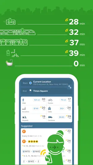 Trip from 179 E Houston St to Times Square comparing walking at 30 minutes, cycling 17, scooters at $7.40, cabs at $12+, mopeds 19 and carshare at $9.80, with an F train suggested at 22 minutes
