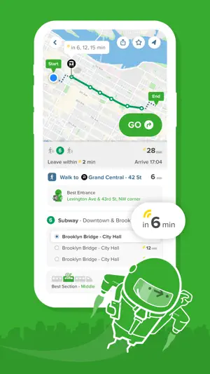 Route on the 6 subway from Grand Central - 42 St with Leave within 2 min, arrival at 17:04, best entrance at Lexington Ave & 43rd St, Best Section Middle and a GO button