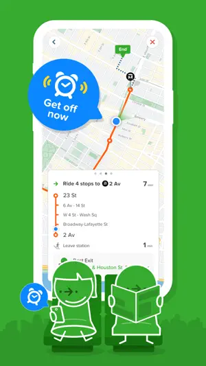 GO navigation showing a Get off now alarm while riding 4 stops to 2 Av past 23 St, 6 Av - 14 St, W 4 St - Wash Sq and Broadway-Lafayette St