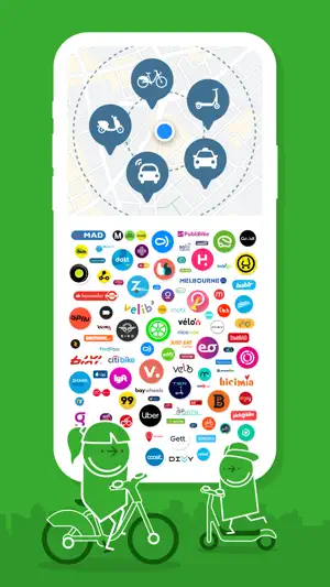 Map of nearby bike, scooter, moped, cab and carshare pins above a wall of partner logos including Citi Bike, Lyft, Uber, Lime, Bird, Divvy and Bay Wheels