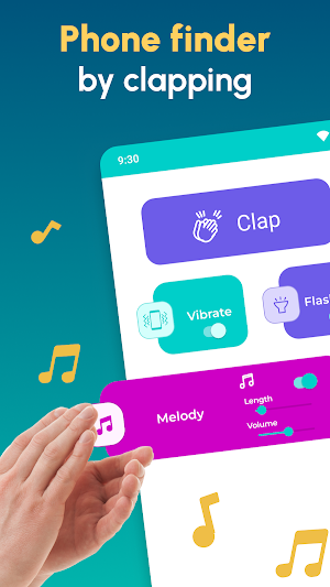 Promo frame titled Phone finder by clapping with a Clap button, Vibrate and Flashlight toggles and a Melody card