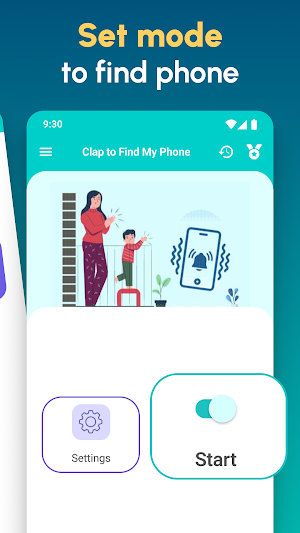 Home screen of Clap to Find My Phone with Settings and Start buttons under an illustration of a mother and child clapping