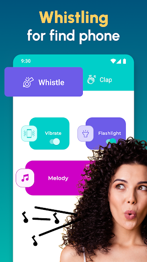 Whistle tab selected with Vibrate, Flashlight and Melody cards beside a woman whistling