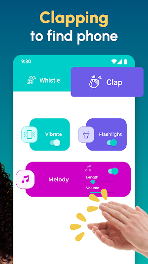 Clap tab selected with Vibrate and Flashlight toggles and Melody Length and Volume sliders beside clapping hands