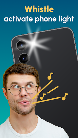 Promo image of a man whistling at a phone whose camera flash lights up, captioned Whistle activate phone light