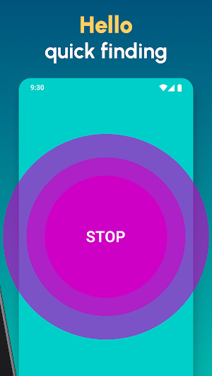 Full-screen alert with a large pink STOP button on a teal background under the caption Hello quick finding