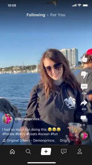 Video of a smiling young woman in sunglasses on a boat by the water, tagged #florida, #boats and #ocean