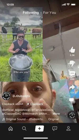 Clapback reply with a handpan player among cows in a picture-in-picture window above the responding creator's face