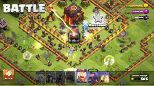 Attack in progress with troop cards and a destruction percentage
