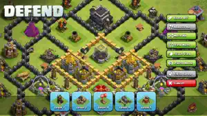 Defensive base layout with walls and defence buildings marked