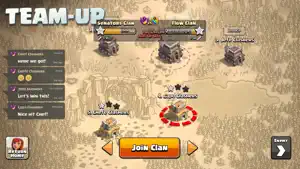 Clan list showing member counts and a Join Clan button