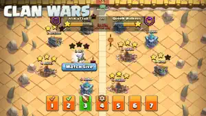 Clan war map with stars awarded and a live match indicator