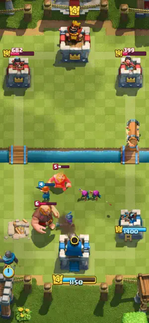 Grass arena duel with tower health and elixir costs visible