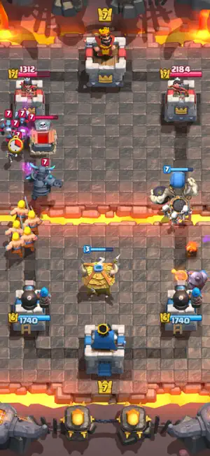 Lava arena battle with troops crossing both bridges