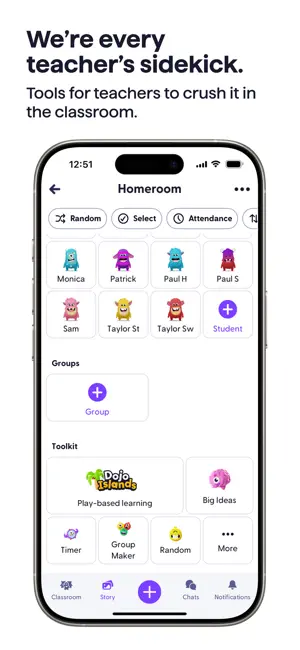 Homeroom grid of pupil avatars with attendance and random controls