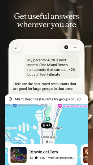 Restaurant recommendations with a map of Miami Beach and ratings