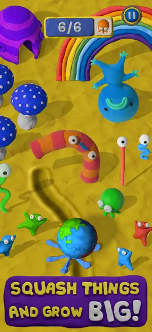 Fat Pebble rolling down a yellow clay hill past mushrooms, worms and a rainbow — Squash Things and Grow Big