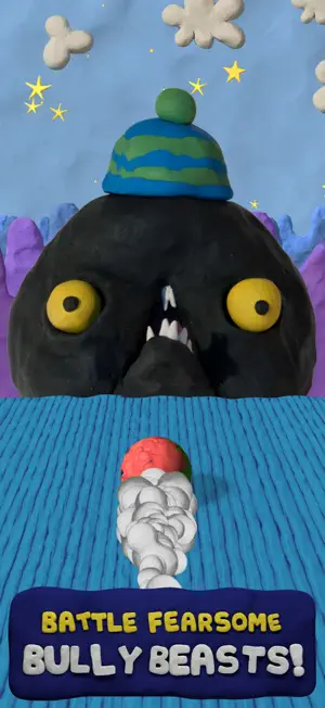 A black clay Bully Beast in a bobble hat looming over Pebble — Battle Fearsome Bully Beasts