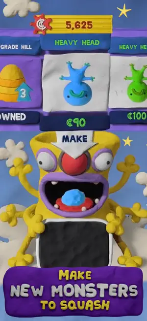 The monster-maker screen with a yellow one-eyed creature — Make New Monsters to Squash