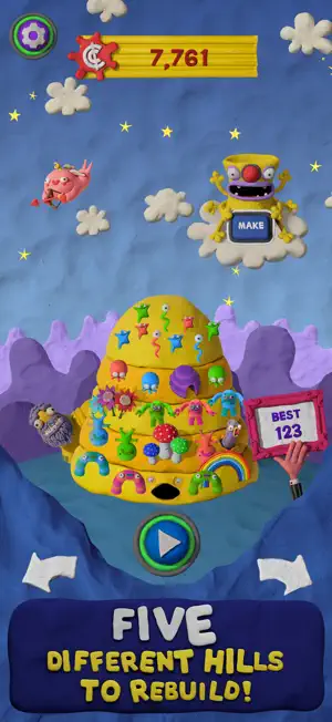 A dome-shaped clay hill among clouds with a best-score sign — Five Different Hills to Rebuild
